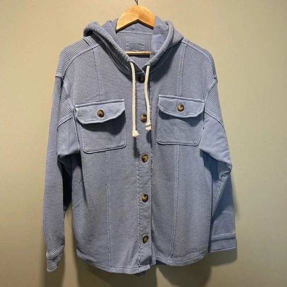 American Eagle Outfitters Waffle Thermal Blue Button Down Jacket - Picture 3 of 6